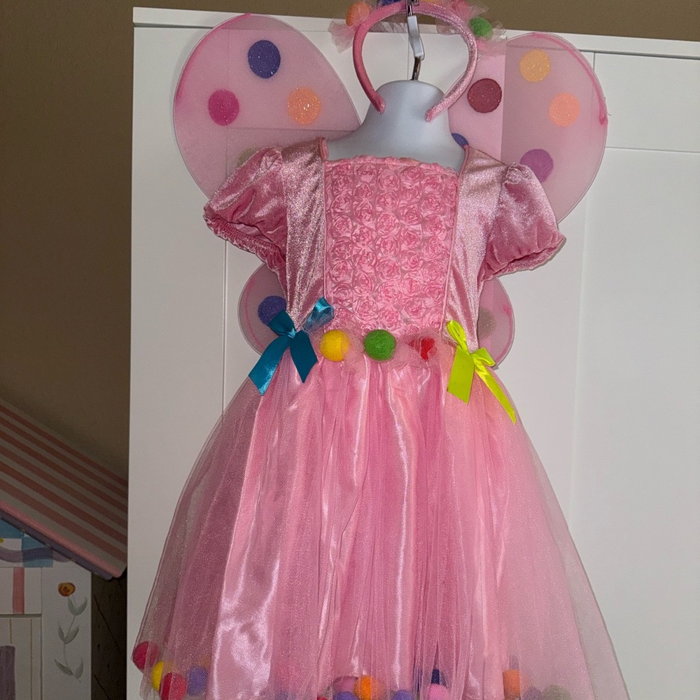 Charming Pink Fairy Pom Pom Dress with Wings and headband for Kids- size 4/5